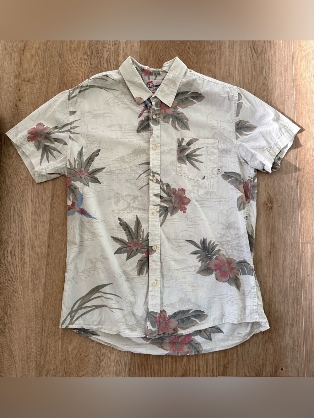Quiksilver Modern Fit Tropical Hawaiian Parrot Shirt Large Ivory